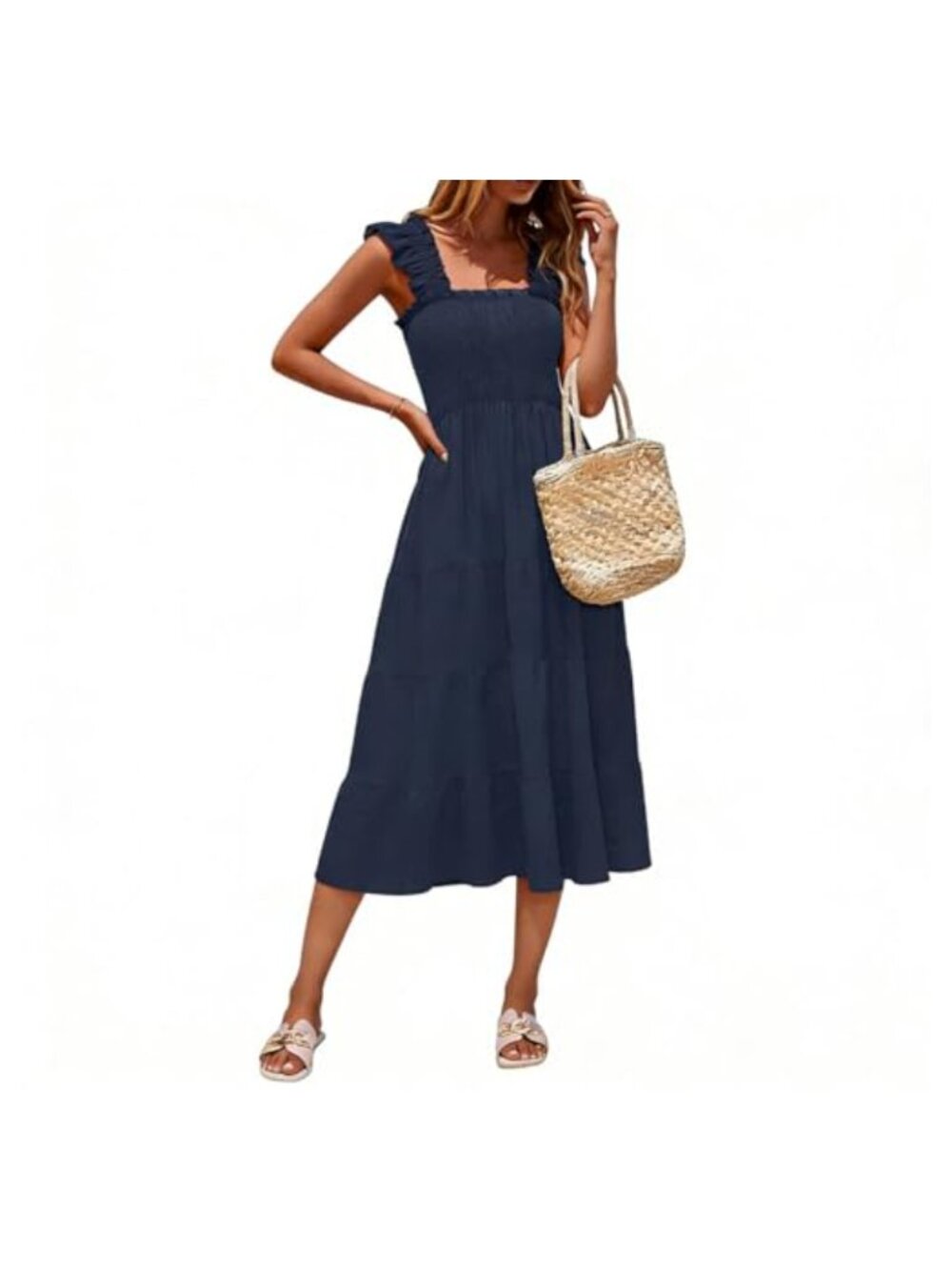 Women's Square Neck Smocked Tiered A-Line Midi Summer Dress